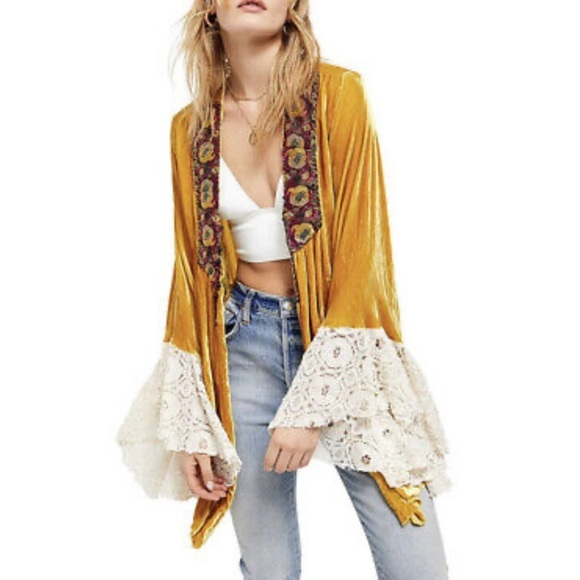 Free People Wanderlust Mustard‎ Yellow Velvet Bohemian Jacket Cardigan Medium - Picture 1 of 11